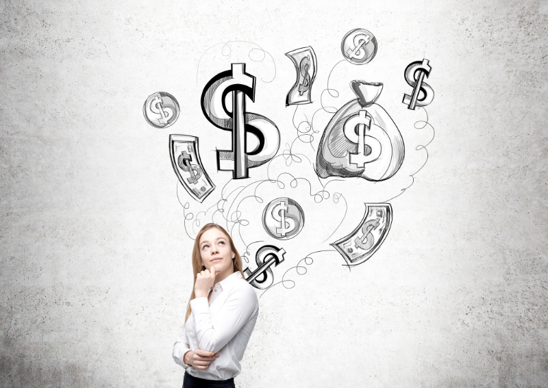 Woman with graphics thinking about money