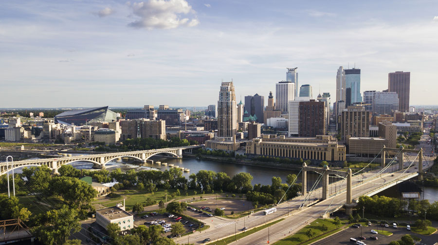 aerial view of city buildings in Minneapolis