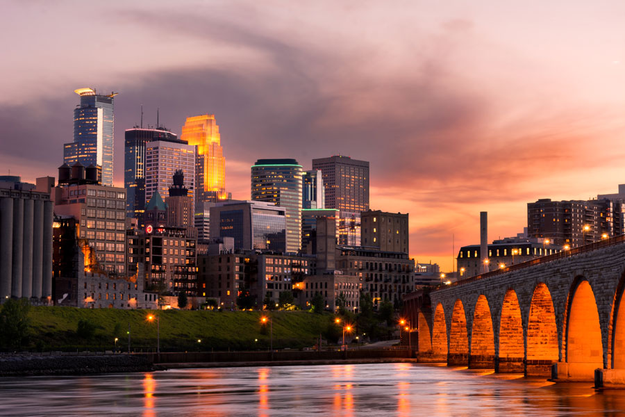 bridges and buildings in Minneapolis during sunset