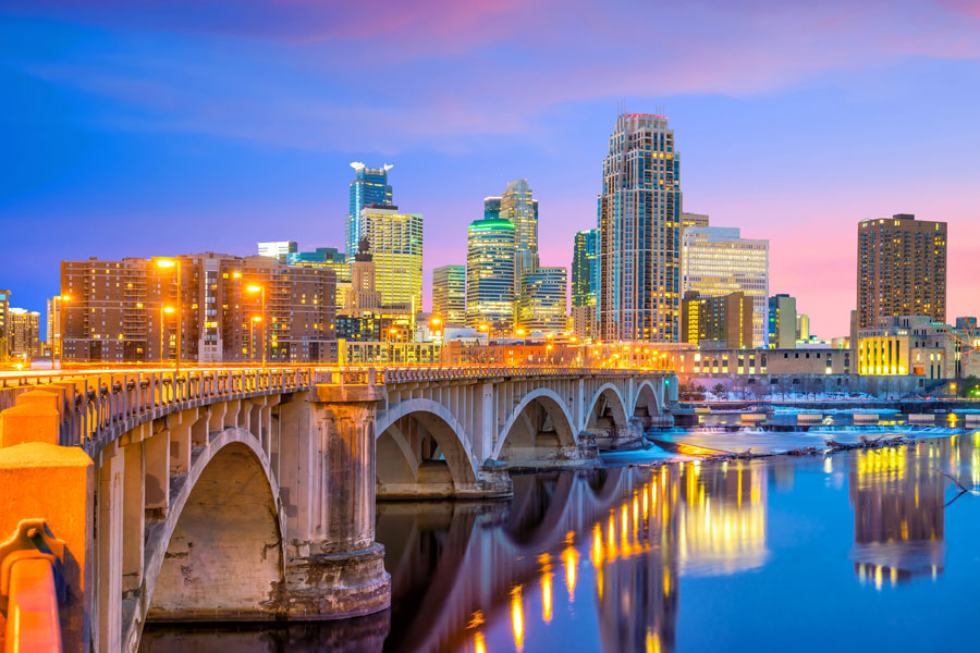 Stunning view of a bridge with high rise buildings in Minneapolis
